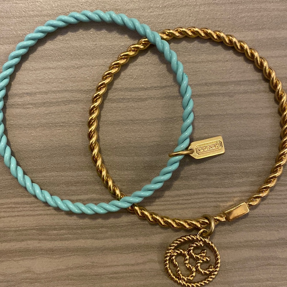 Gold and teal Coach bangle bracelets